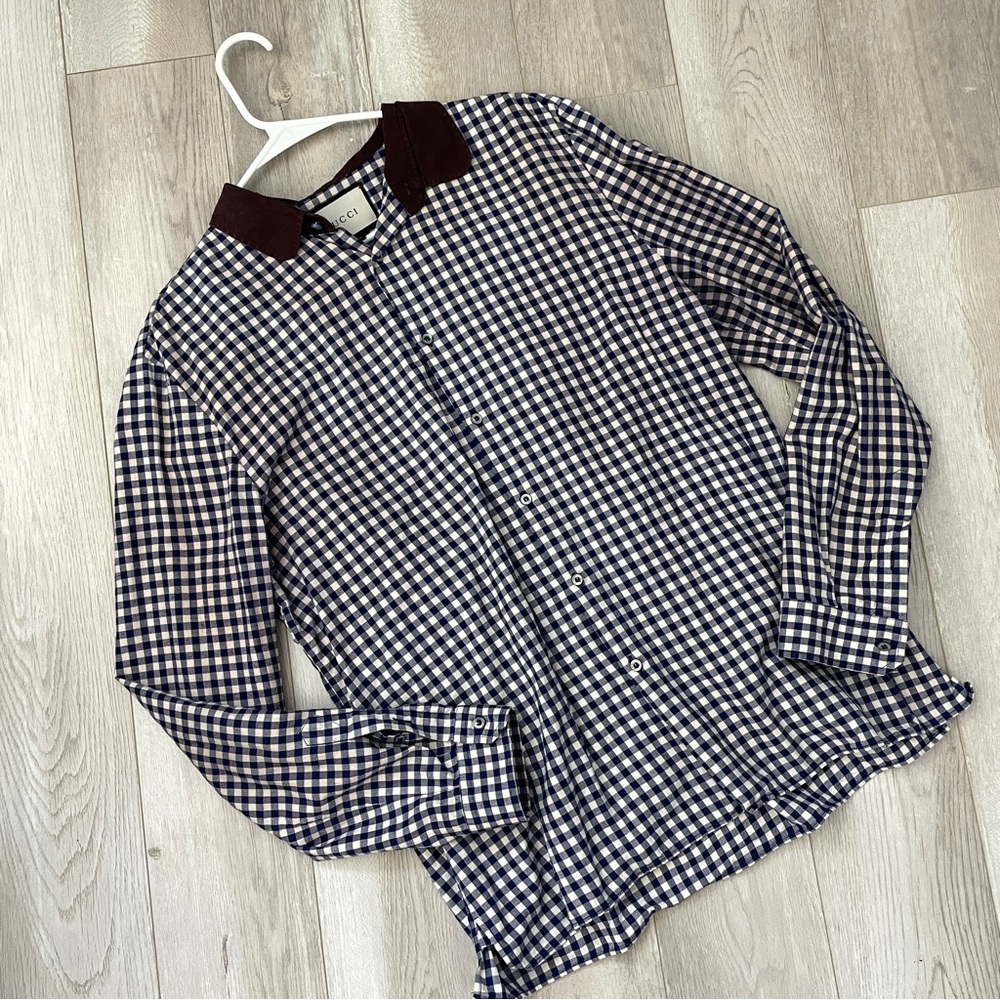 Gucci Gingham Shirt long sleeve button up mens Blue White (size 43/17) designer